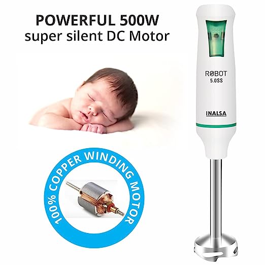 INALSA HAND BLENDER Robot 5.0 SS with Powerful Super Silent 500 Watt DC Motor| Stainless Steel Blade & Detachable Stem|2 Year Warranty INALSA HAND BLENDER Robot 5.0 SS with Powerful Super Silent 500 Watt DC Motor| Stainless Steel Blade & Detachable Stem|2 Year Warranty